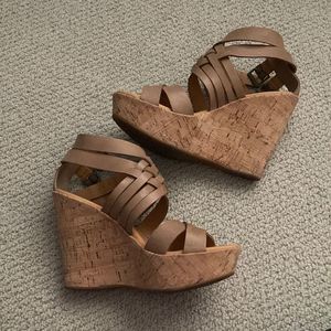 Korks by Kork-Ease Platform Wedges Size 8 Cork Leather Tan Strappy High Heels